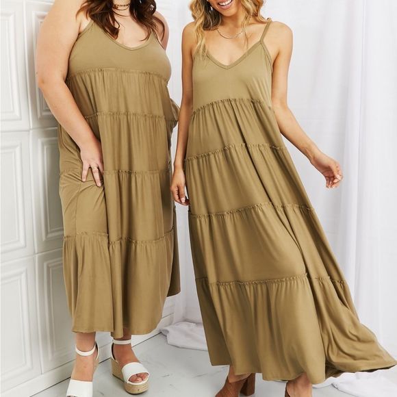Khaki Spaghetti Strap Tiered Dress with Pockets - Picture 1 of 13